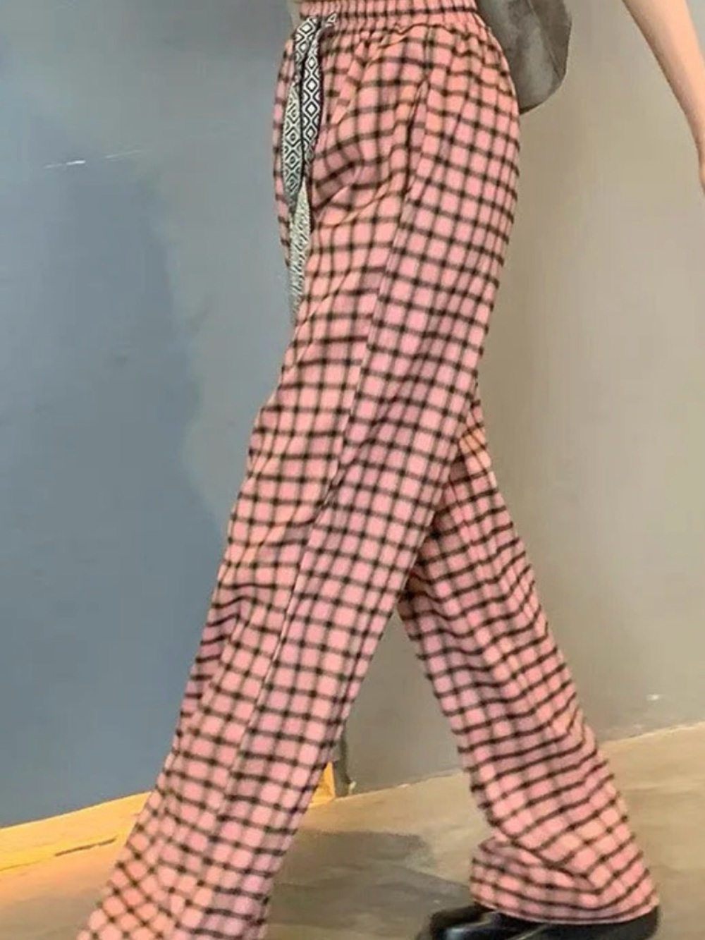 Pink Plaid Wide-Leg Lounge Pants with Drawstring